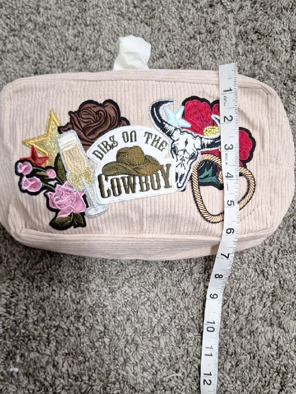 Blush Pink Embroidered Corduroy Zip Cosmetic Bag - 